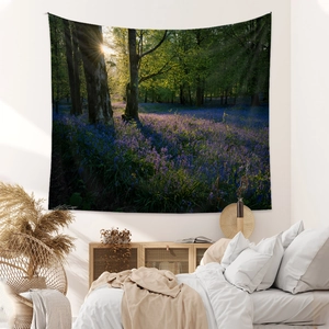 Forest bluebell tapestry wall hanging for bedroom decoration with sunlight through trees