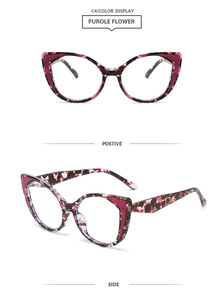 Detailed views of purple floral cat-eye TR glasses frames with front and side angles