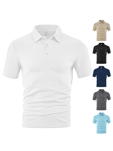 Detail of waffle textured knit fabric and color options for short sleeve polo shirt