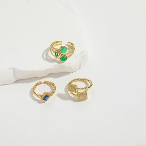 Three-piece 14K gold plated ring set featuring multi-layer bands and colorful zircon stones