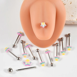 Rainbow star acrylic tongue rings set with stainless steel barbells on silicone model