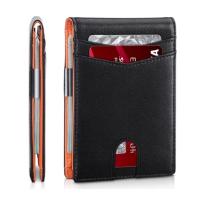 Slim RFID-blocking leather wallet showing orange interior and metal money clip detail
