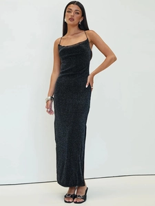 Sparkly black cowl neck maxi dress with thin straps for women's elegant evening wear