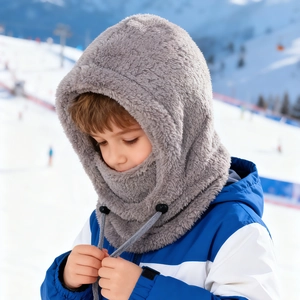 Detail of grey thickened plush balaclava hood with adjustable drawstring for kids
