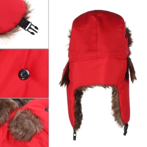 Winter thermal red trapper hat with faux fur lining and buckle for outdoor skiing