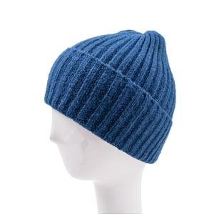 Detail of deep blue ribbed knit beanie with thick texture and cuffed hem on a mannequin