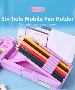 Detail view of purple multi-function pencil box with button linkage and calendar
