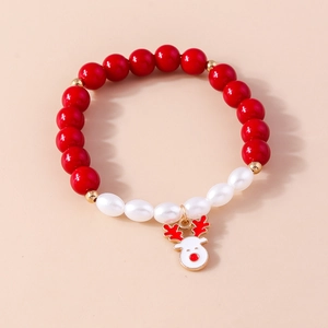 Christmas beaded bracelet with red pearls and reindeer charm for festive holiday style