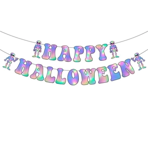 Close-up of holographic Happy Halloween banner with skull motifs on a white background