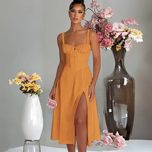 Slim fit orange strap dress with high slit design and waist-cinching satin-like fabric