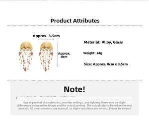 Detailed size chart for gold tassel earrings with pink glass stones and beaded fringes
