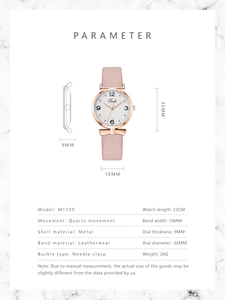 Detailed dimensions of a pink leather watch with a 32mm rose gold case and bow accent