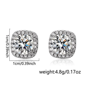 Sparkling square halo stud earrings with silver metal and cubic zirconia stones