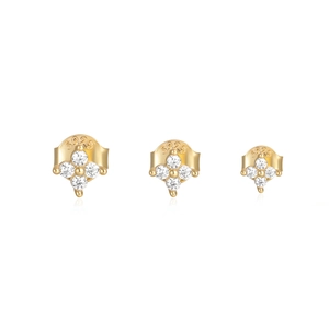 S925 sterling silver gold clover stud earrings with sparkling white zircon stones