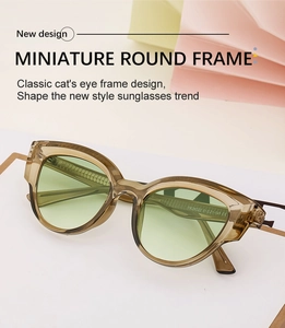 Detail view of cat eye sunglasses with brown frame and model specs TR28022 on the temple