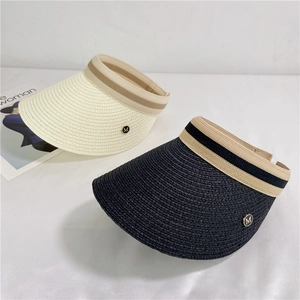 Straw sun visor hat with metal M letter detail in beige and black stylish woven design
