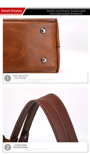 Detail of brown PU leather tote with metal protective feet and reinforced stitching handles