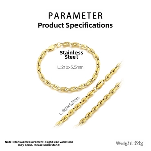 Detailed specs of golden oval bamboo link chain necklace and bracelet set in stainless steel