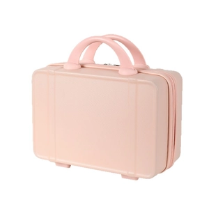 Pink mini hard shell vanity case luggage with dual handles and metal zipper detail