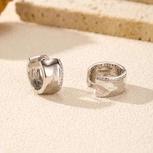 Polished S925 sterling silver C-shape hoop earrings with sparkling crystal accents