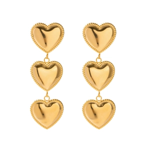 Triple heart drop earrings in 18K gold-plated stainless steel with beaded edge