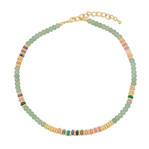 Handmade beaded necklace with colorful natural stones and gold spacers on white background