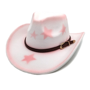 Ivory western cowboy hat with pink stars and brown braided leather strap in felt