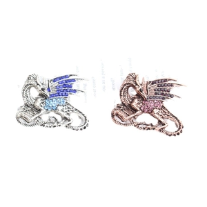 Sparkling crystal dragon brooches in silver blue and bronze red metallic finishes