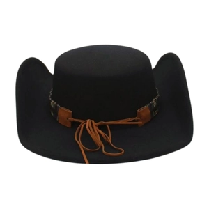 Classic black felt western cowboy hat with wide rolled brim and ethnic woven band detail