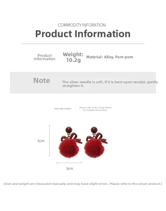 Detail view of red pompom bow earrings showing size 4cm height and 3cm width