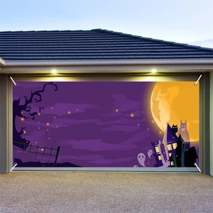 Halloween garage door banner with haunted house and moon for outdoor party decoration