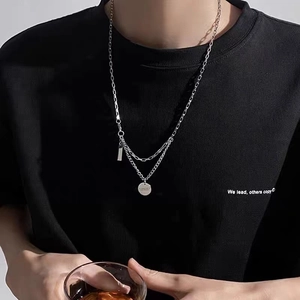 Men's double layer silver titanium steel necklace with coin and rectangular pendant