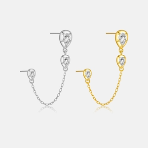 925 Sterling Silver Water Drop Double Piercing Earrings For Women Rhinestone Chain Link Dainty Ear Stud Jewelry