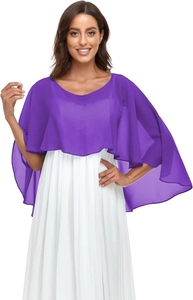 Detail showing the sheer purple chiffon texture and elegant drape of the evening shawl