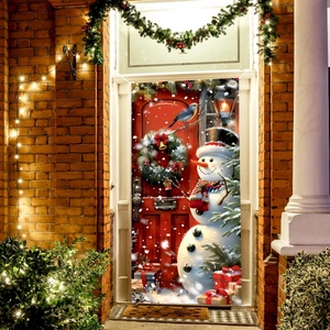 Outdoor Christmas snowman door banners with festive gift box and red door decor