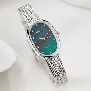 SUNLIFEX elegant oval quartz watch with green gradient dial and silver mesh strap