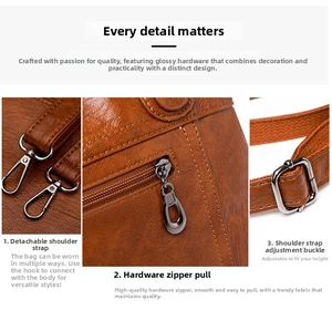 Détail de la bandoulière réglable avec boucles métalliques et zip sur le sac en cuir marron