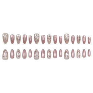 Set of 24 chrome pink purple press-on nails with 3D heart and bow relief designs