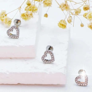G23 titanium heart-shaped ear studs with cubic zirconia in silver and rose gold