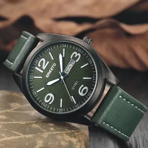 Reloj deportivo militar para hombre con esfera verde oscuro y correa de cuero negro