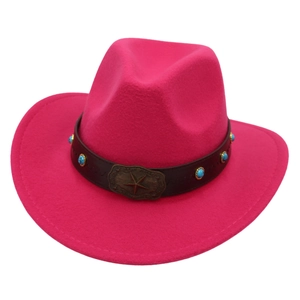 Detail showing fuchsia western cowboy hat with vintage star buckle and turquoise studs