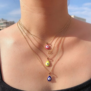 Evil Eye Pendant Necklace Vintage Water Drop Round Copper 18K Gold Plated Oil Drip Enamel Jewelry For Women