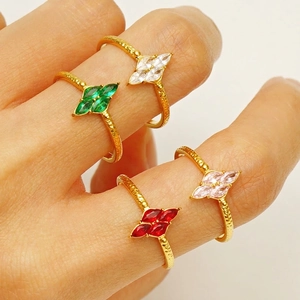 Geometric Marquise Zircon Adjustable Open Ring 18K Gold Plated Stainless Steel Hammered Texture Jewelry For Women