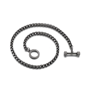 Retro stainless steel box chain necklace with barbell OT clasp and antique silver finish