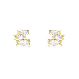 Detailed macro view of S925 sterling silver triple fish stud earrings with marquise stones
