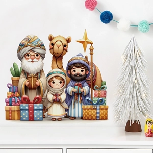 Cartoon Christmas wall sticker with Three Wise Men, camels and gift boxes on white wall