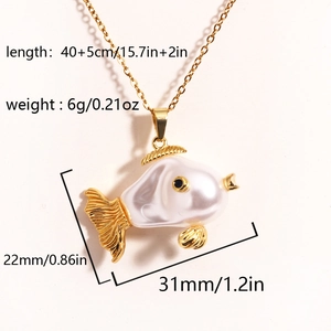 Gold fish pendant necklace with white pearl sheen and dimensions 31x22mm