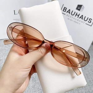Detail of retro oval cat eye sunglasses with transparent tea frames and light brown lenses