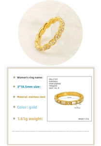 Detailed size specifications for a gold-plated twisted ring with pavé-set rhinestones