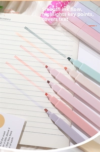 Close-up of pastel soft-tip highlighters showing ink application on lined paper